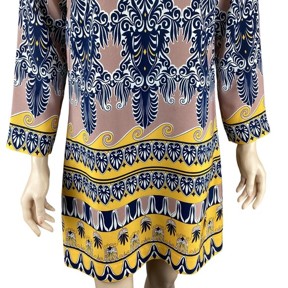 J. Crew Factory Dress Size 2 Jules Scroll Print Yellow Navy & Pink Shift‎ - Picture 5 of 7